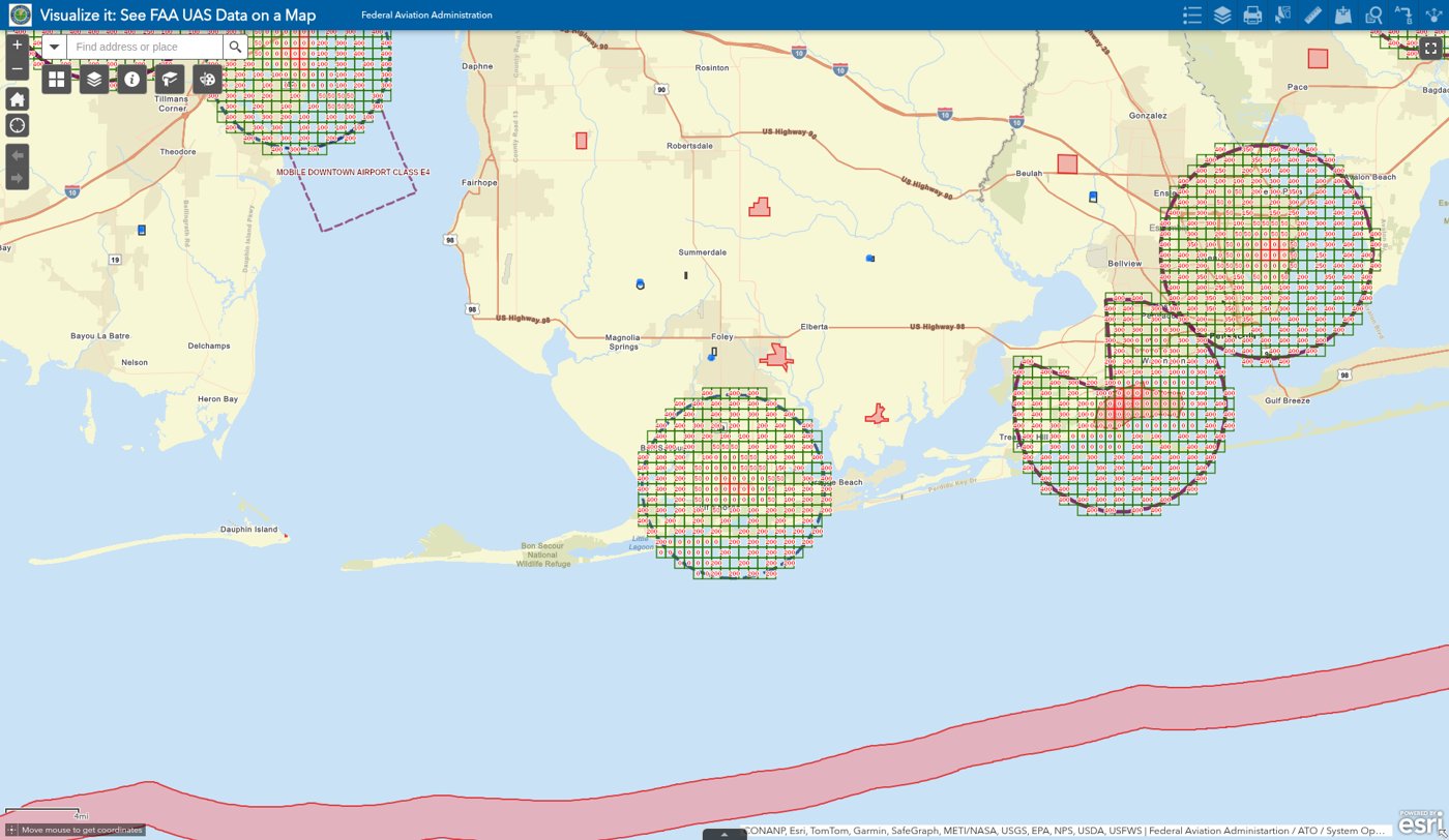 FAA UAS Facility Map grid around Gulf Shores, Orange Beach and Foley, Alabama