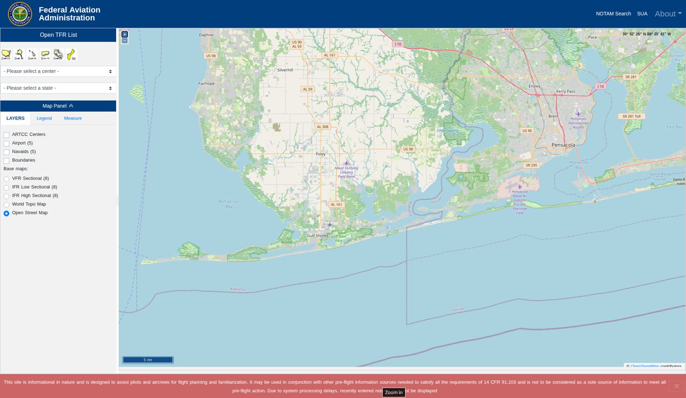 FAA TFR map of the Gulf Shores, Orange Beach and Foley, Alabama area